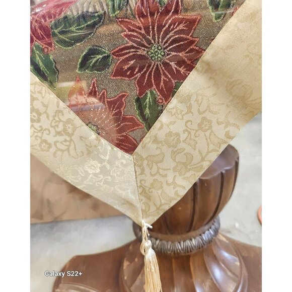Christmas Poinsettia Table Topper 33 Inch Square Red Gold Organza with Tassels S - Picture 4 of 9